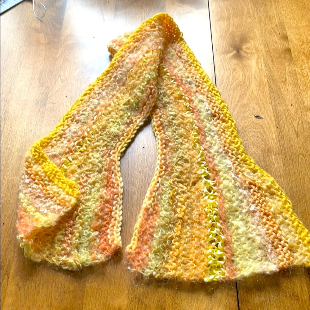 Yellow peachy tones handknit wool and ribbon scarf